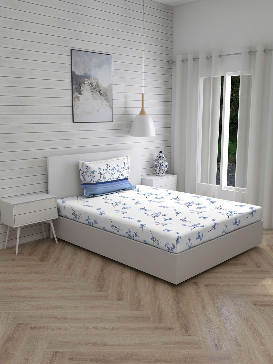 Layers White & Blue Floral 144 TC Single Bedsheet with 1 Pillow Covers