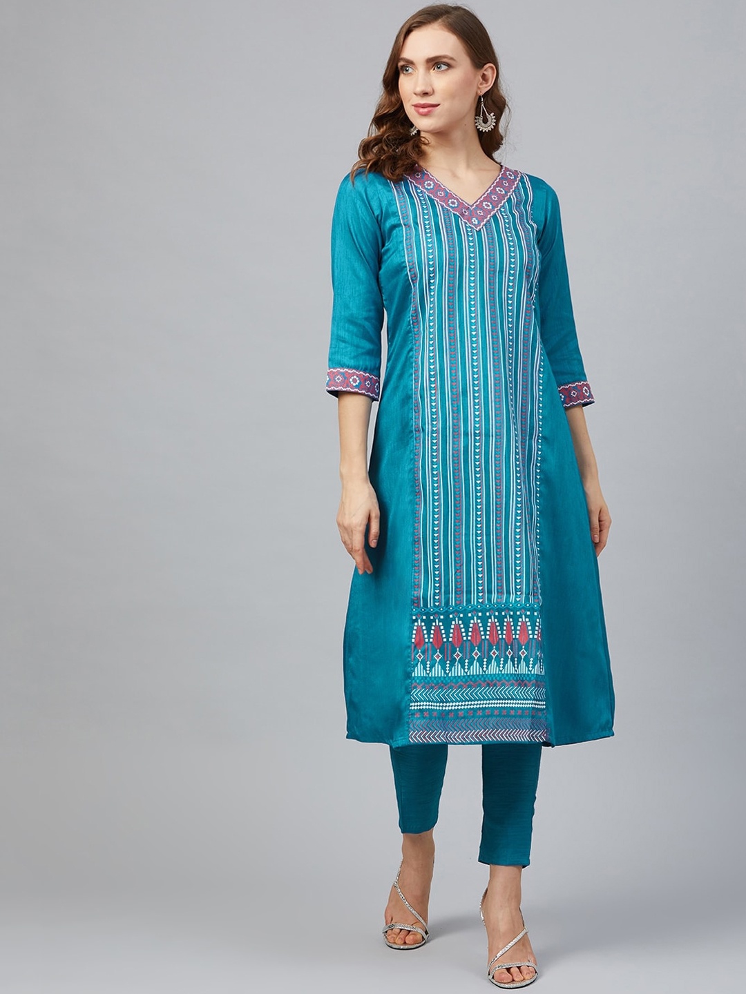 ZIYAA Women Blue Embroidered Panelled Kurta with Trousers