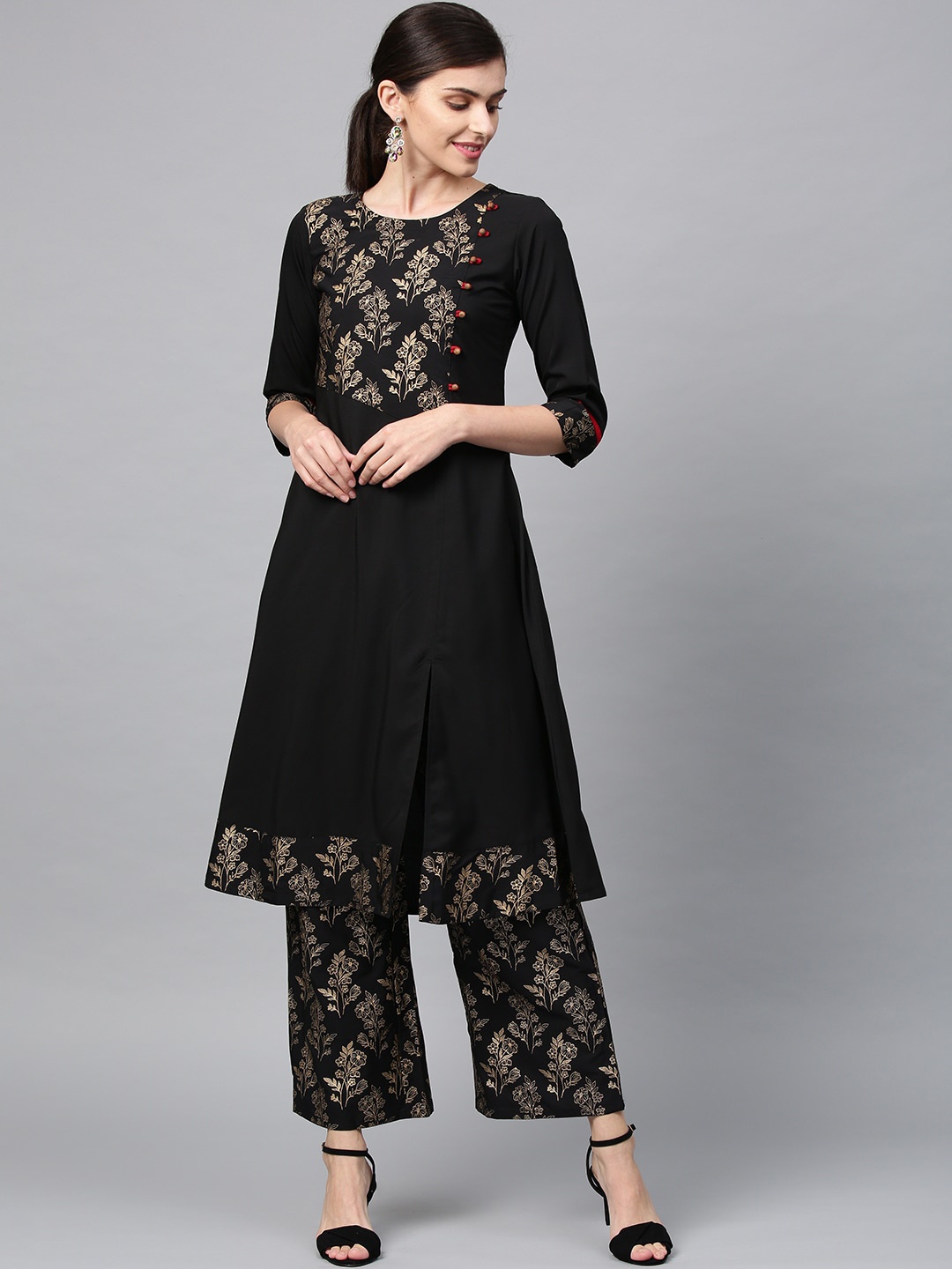 ZIYAA Women Black & Gold-Toned Printed Crepe Kurta