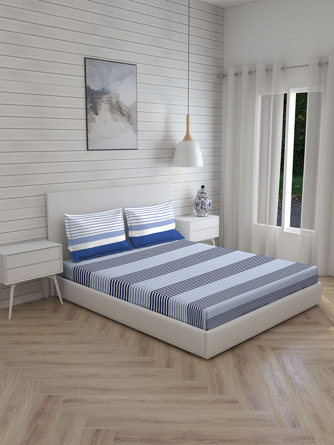 Layers Blue & Black Striped 144 TC Queen Bedsheet with 2 Pillow Covers