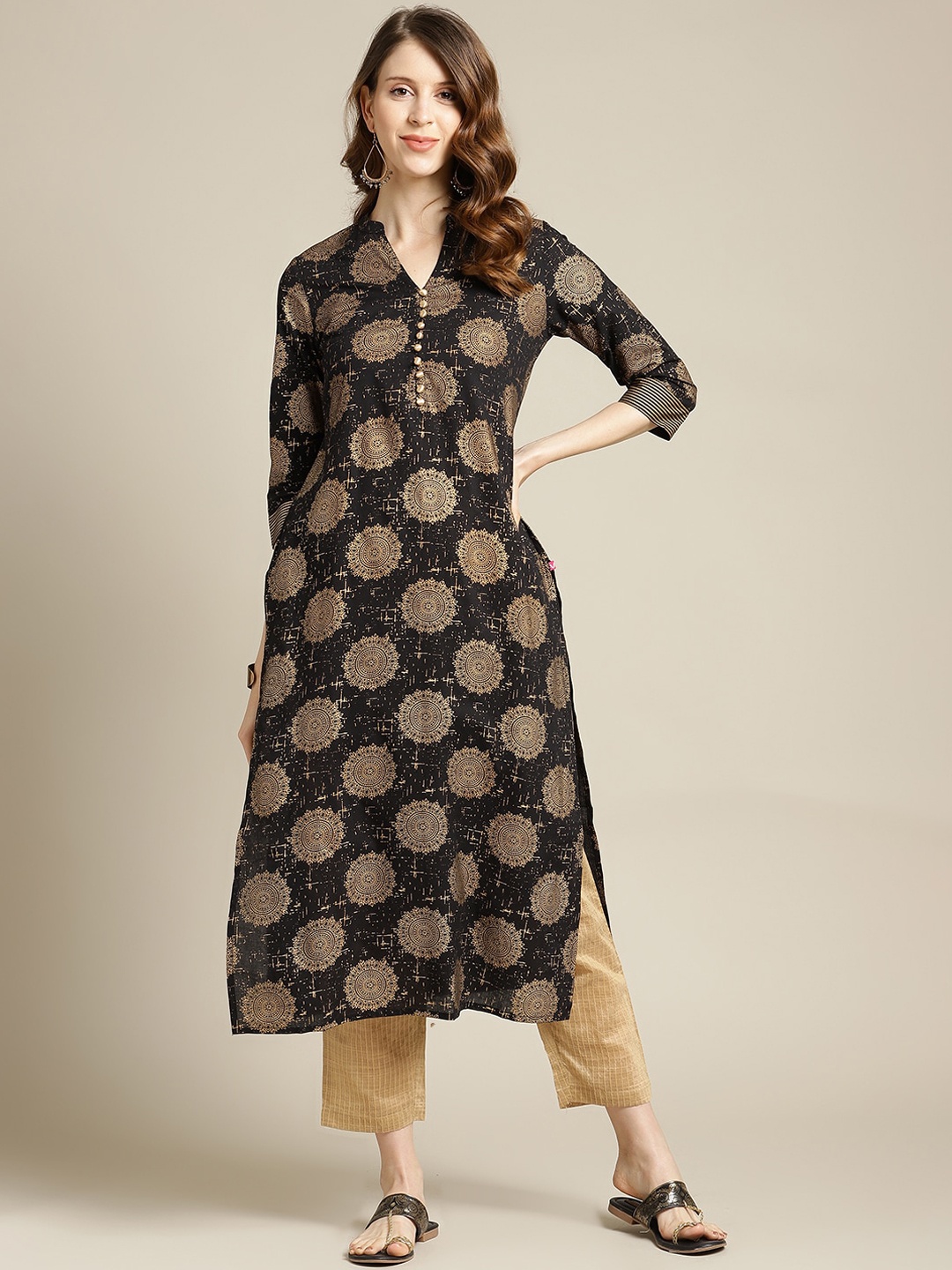 Varanga Women Black & Gold Coloured Ethnic Motifs Screen Printed Kurta