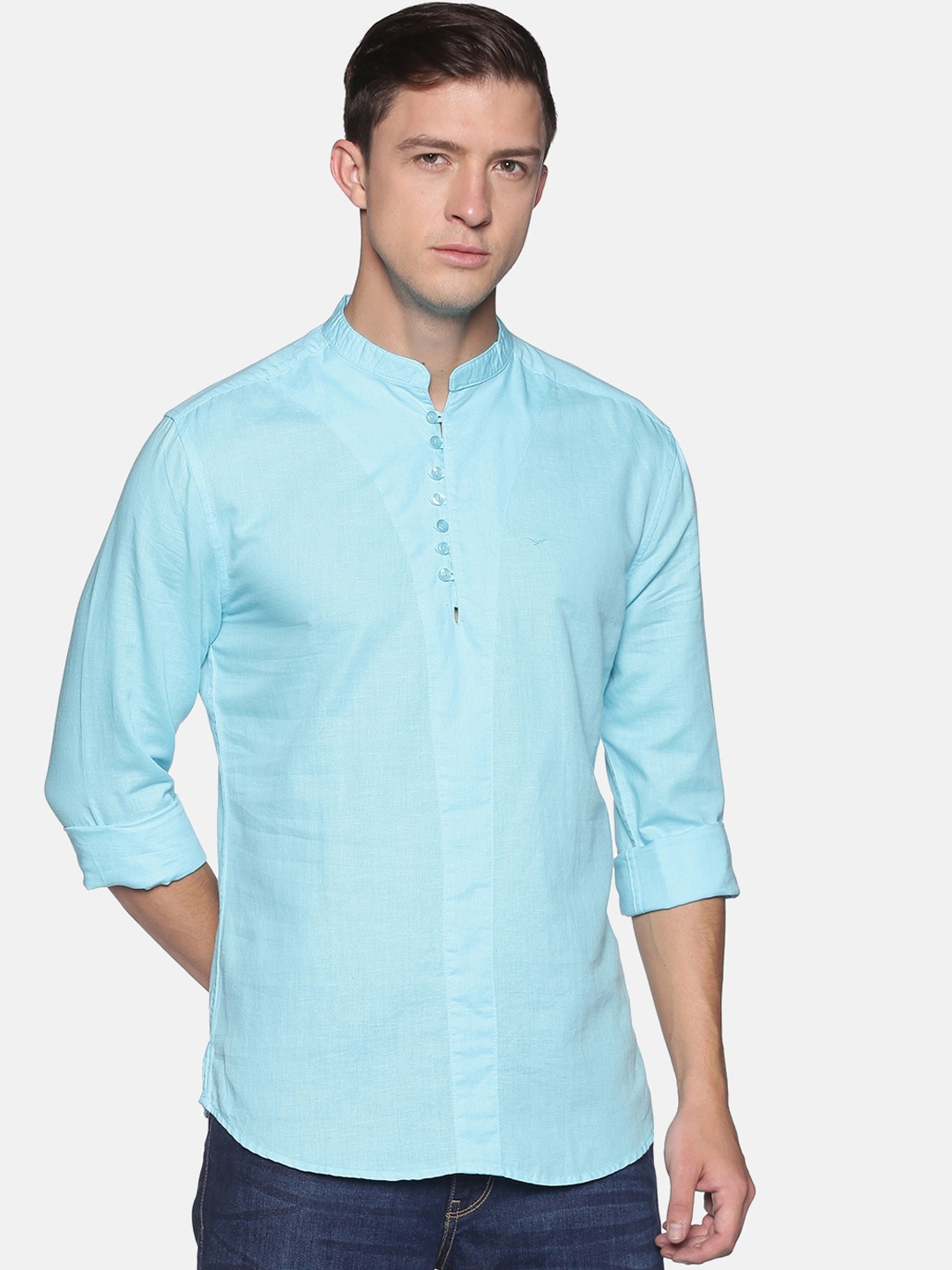 SHOWOFF Men Blue Solid Slim Fit Straight Kurta