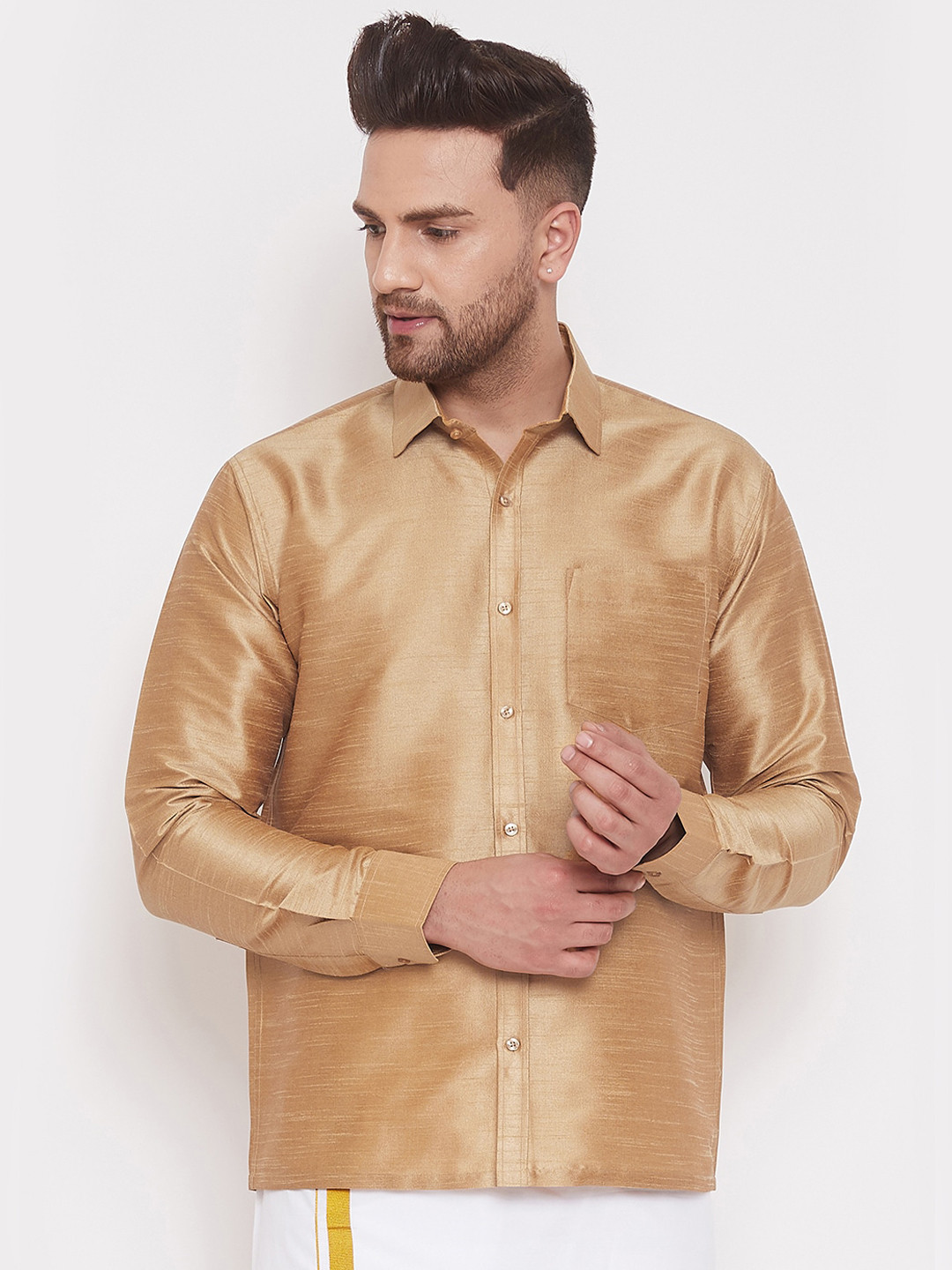 VASTRAMAY Men Gold Coloured Silk Blend Ethnic Shirt 
VASTRAMAY Men Gold Coloured Silk Blend Ethnic Shirt