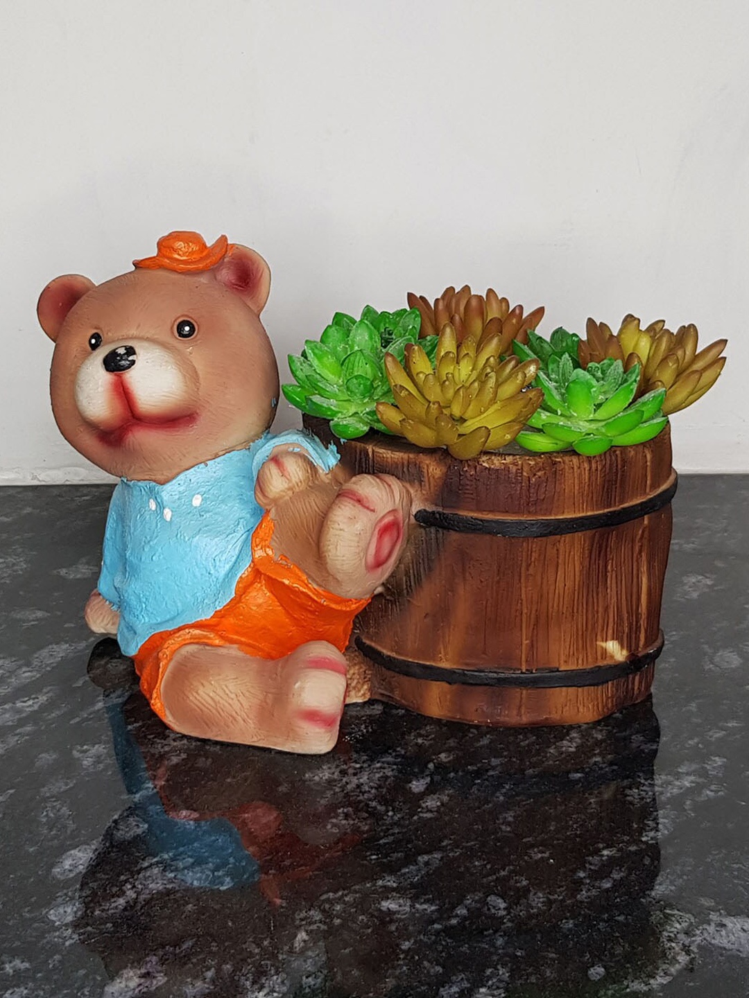 Wonderland Brown & Blue Teddy Bear Sitting Planter