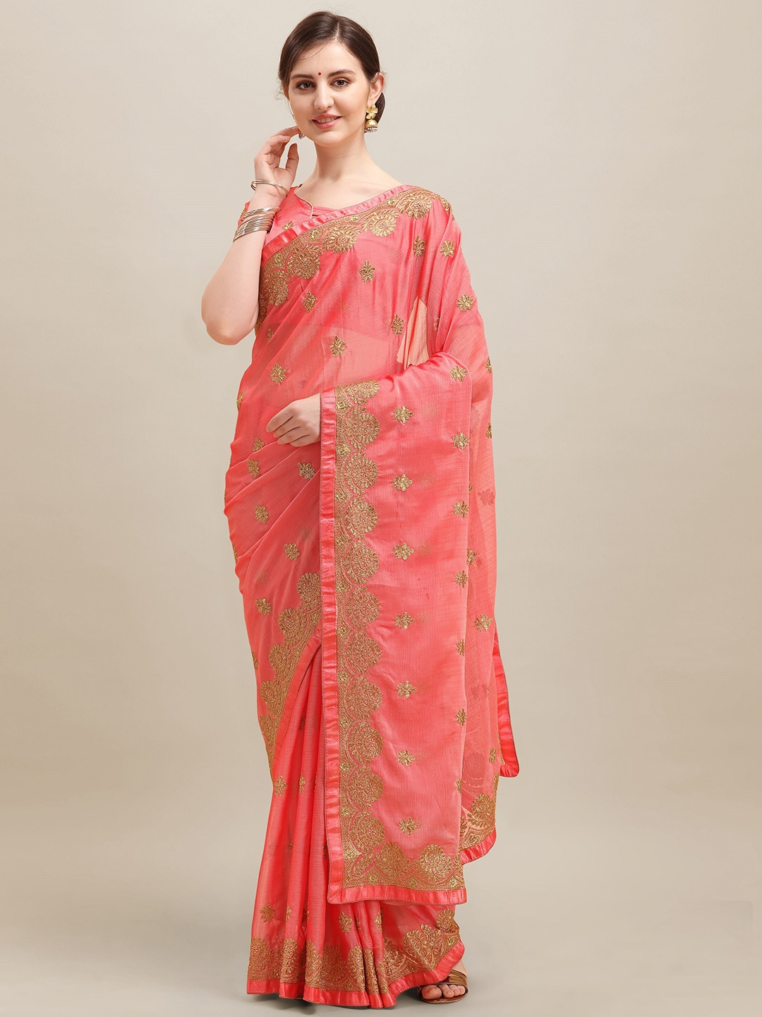 RAJGRANTH Pink & Gold-Toned Embellished Zari Pure Chiffon Heavy Work Saree