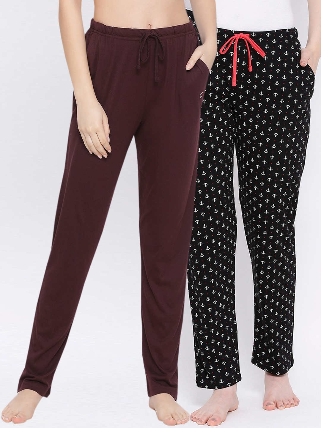 Kanvin Women Pack Of 2 Brown & Black Pure Cotton Lounge Pants