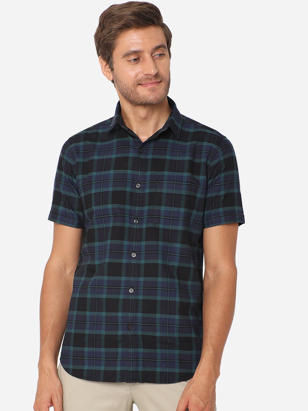JADE BLUE Men Blue & Black Checked Pure Cotton Casual Shirt