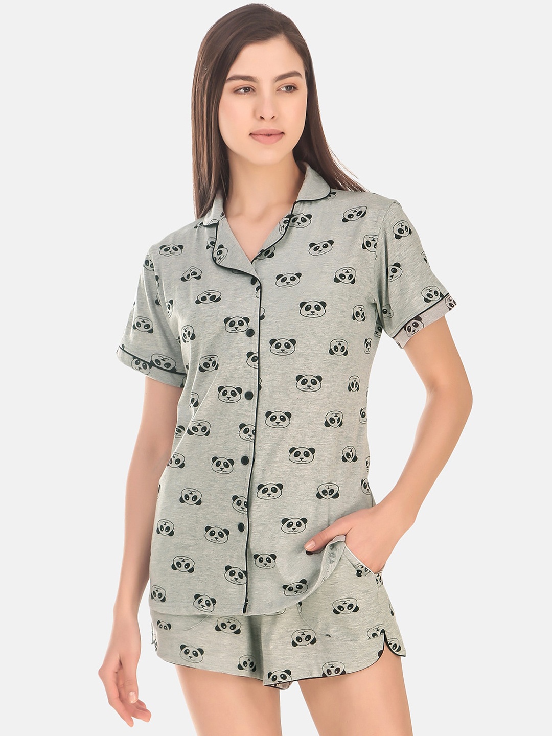 Masha Women Grey & Black Printed Cotton Night Suit