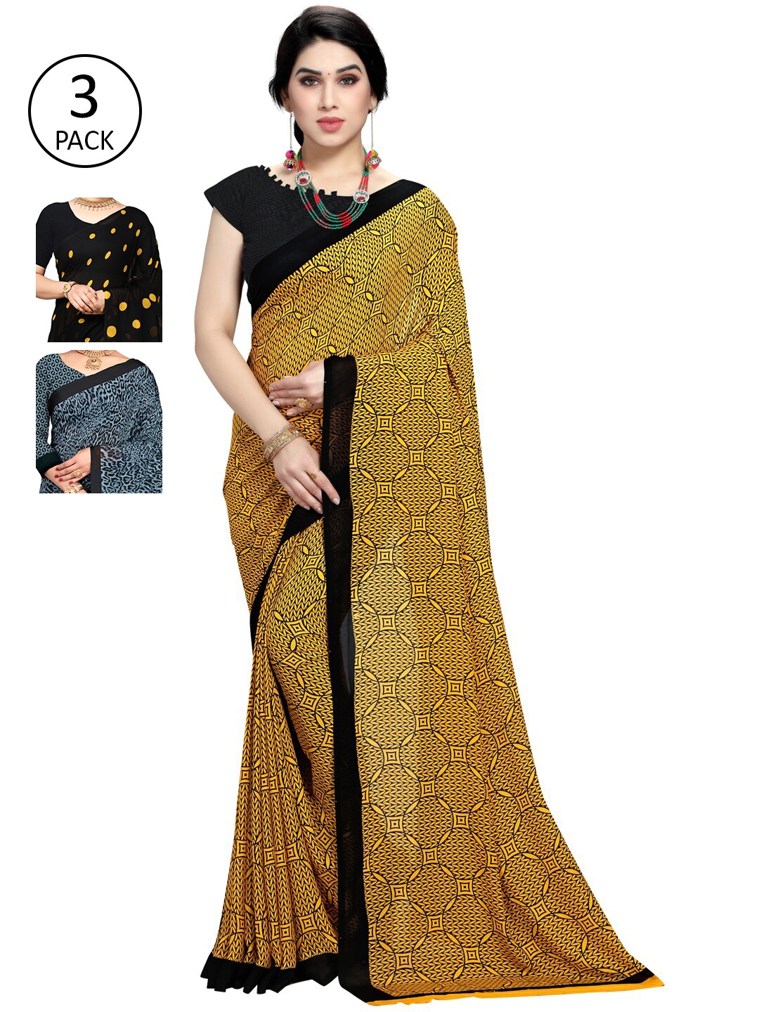 KALINI Pack of 3 Poly Georgette Printed Sarees, Mustard