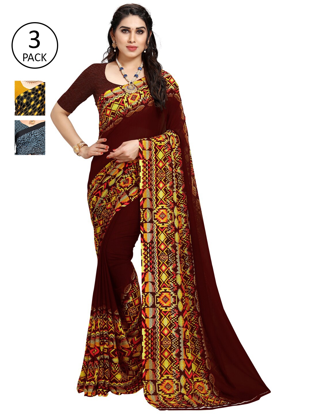 KALINI Pack Of 3 Black & Yellow Saree