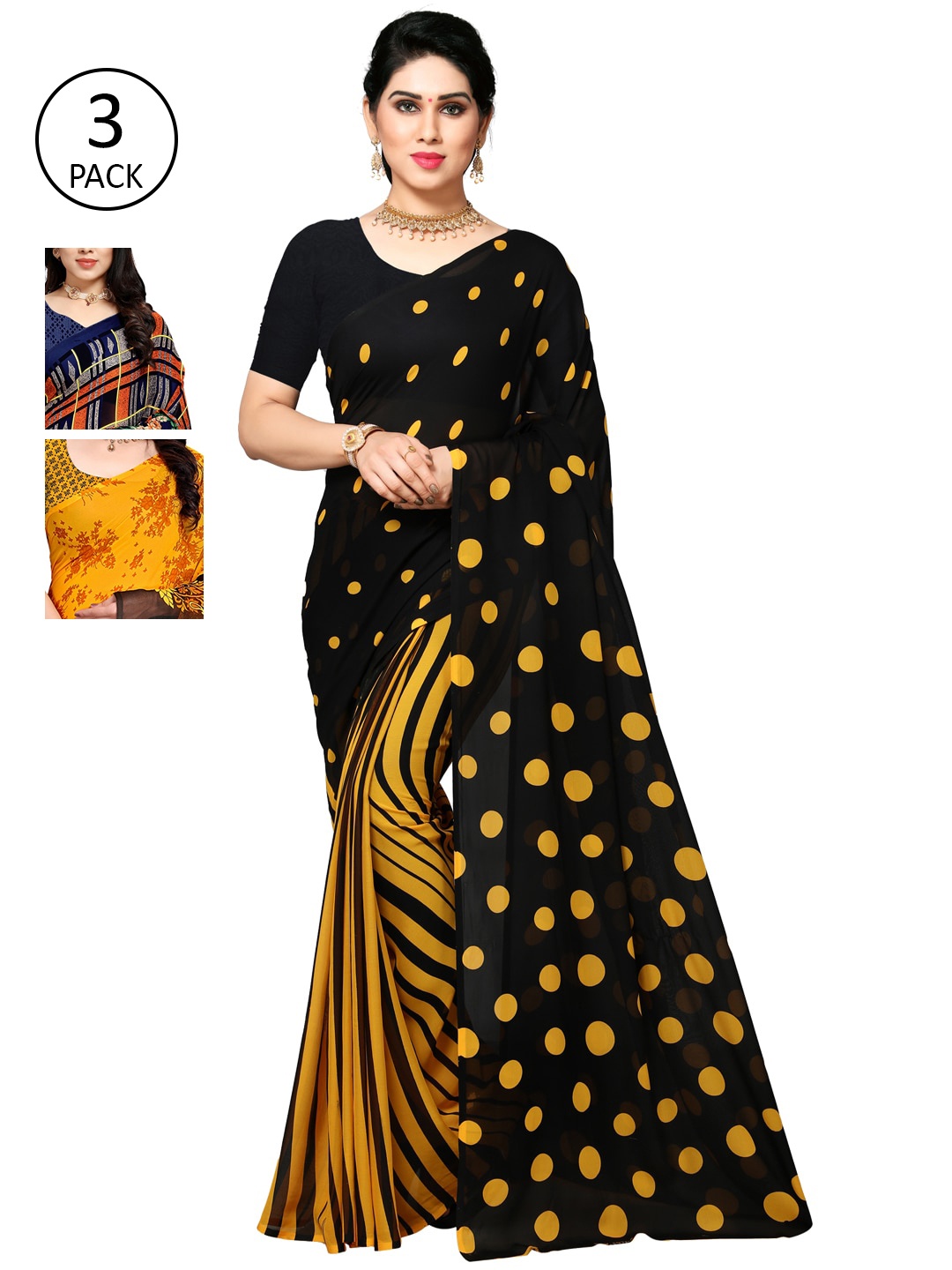 KALINI Multicoloured Set of 3 Poly Georgette Saree, Multi