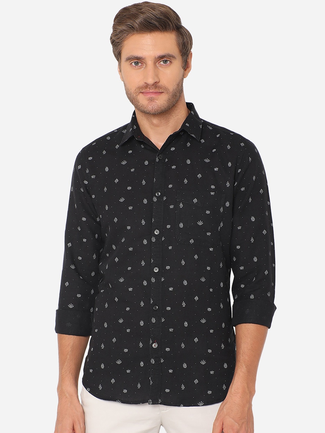 JADE BLUE Men Black Pure Cotton Slim Fit Printed Casual Shirt