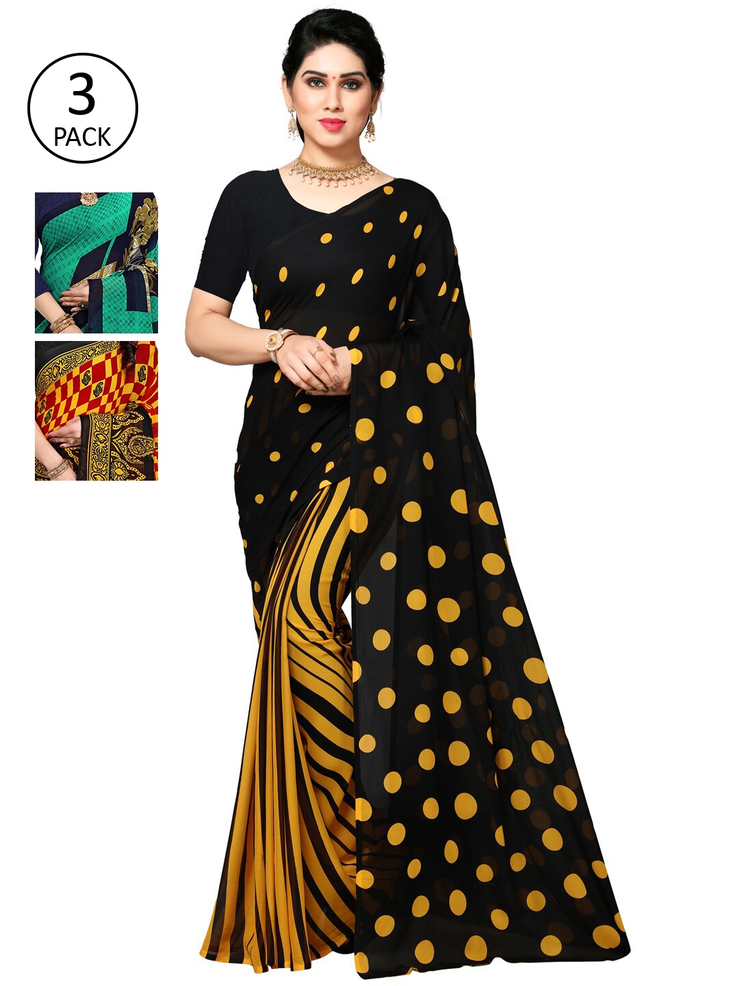 KALINI Multicoloured Set of 3 Poly Georgette Saree, Multi