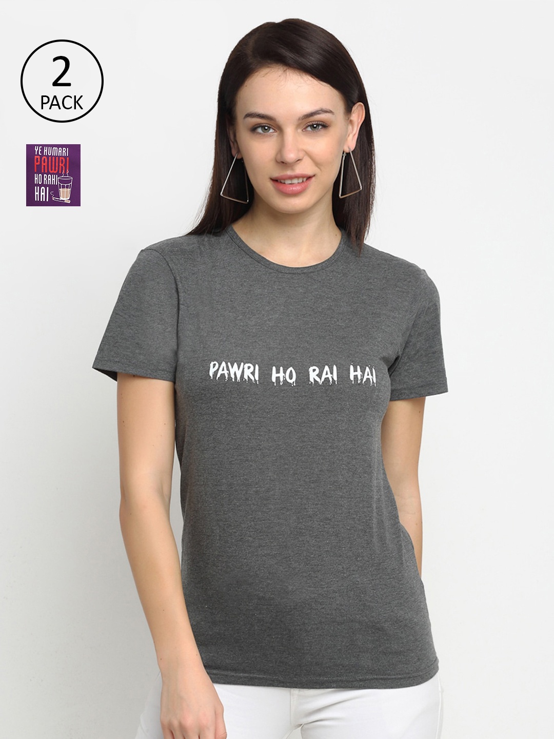 VIMAL JONNEY Women Pack of 2 Typography Printed T-shirt, Grey