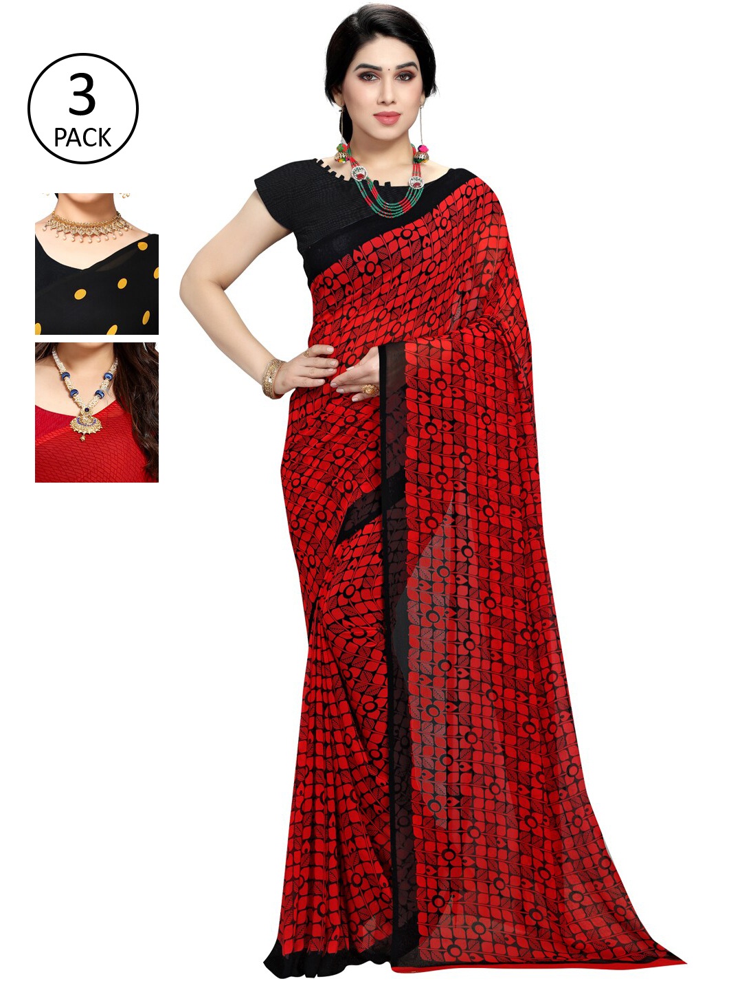 KALINI Pack of 3 Poly Georgette Sarees, Red