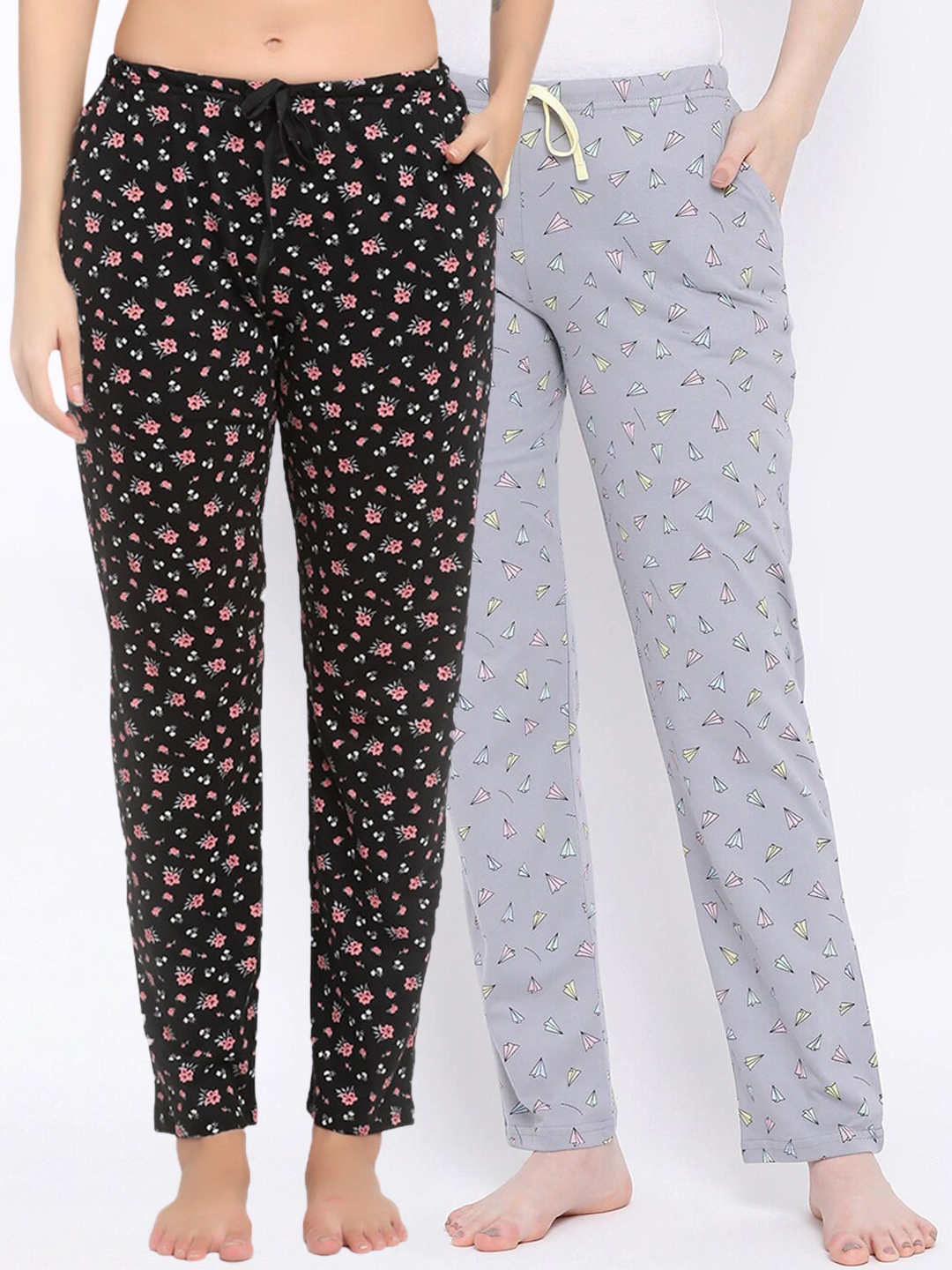 Kanvin Women Pack of 2 Printed Pure Cotton Lounge Pants, Black