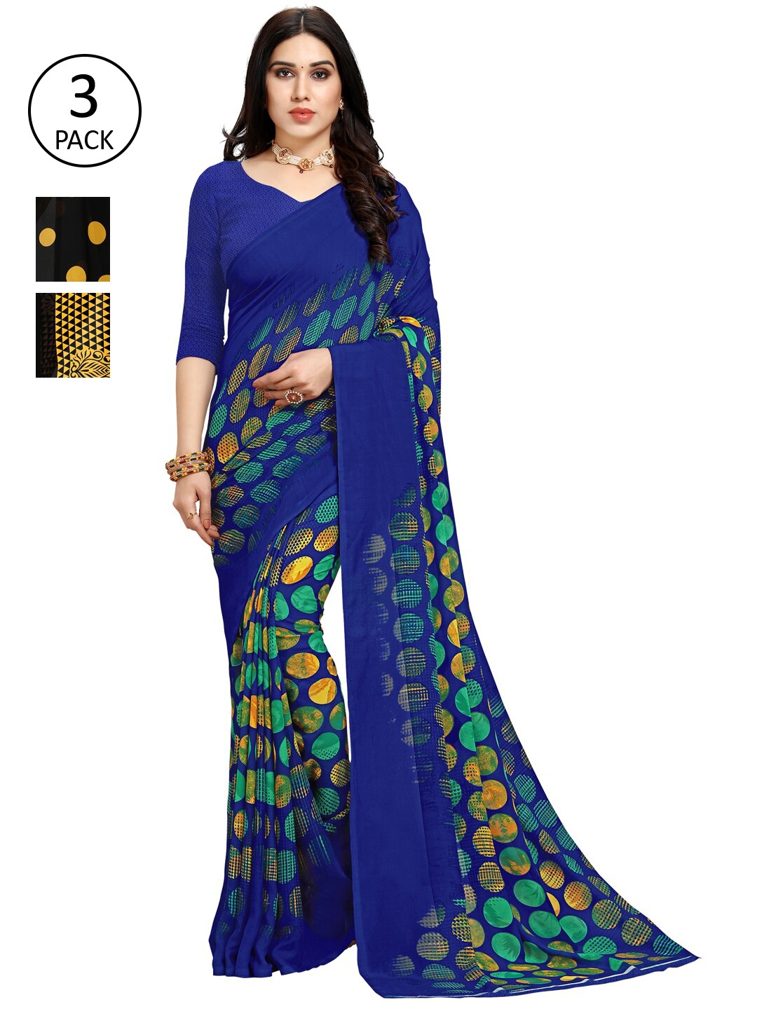 ANAND SAREES Black & Blue Pack of 3 Saree
