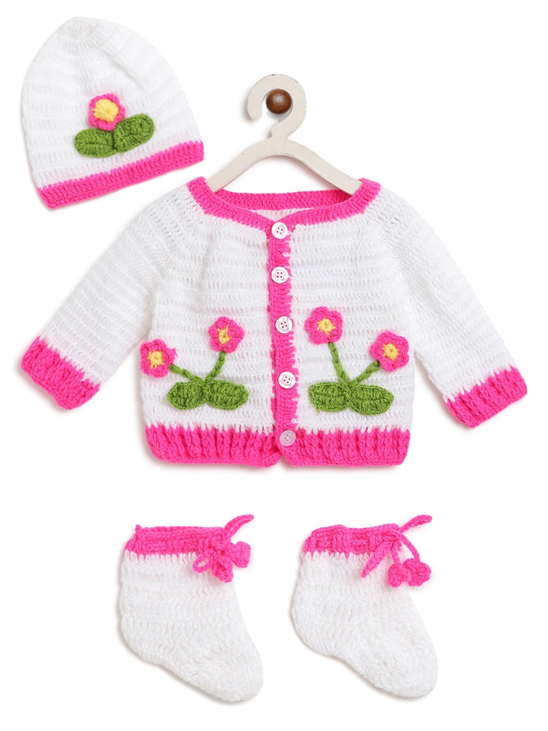 CHUTPUT Kids Unisex Hand Knitted Crochet White & Pink Floral Cardigan With Cap & Socks
CHUTPUT Kids Unisex Hand Knitted Crochet White & Pink Floral Cardigan With Cap & Socks