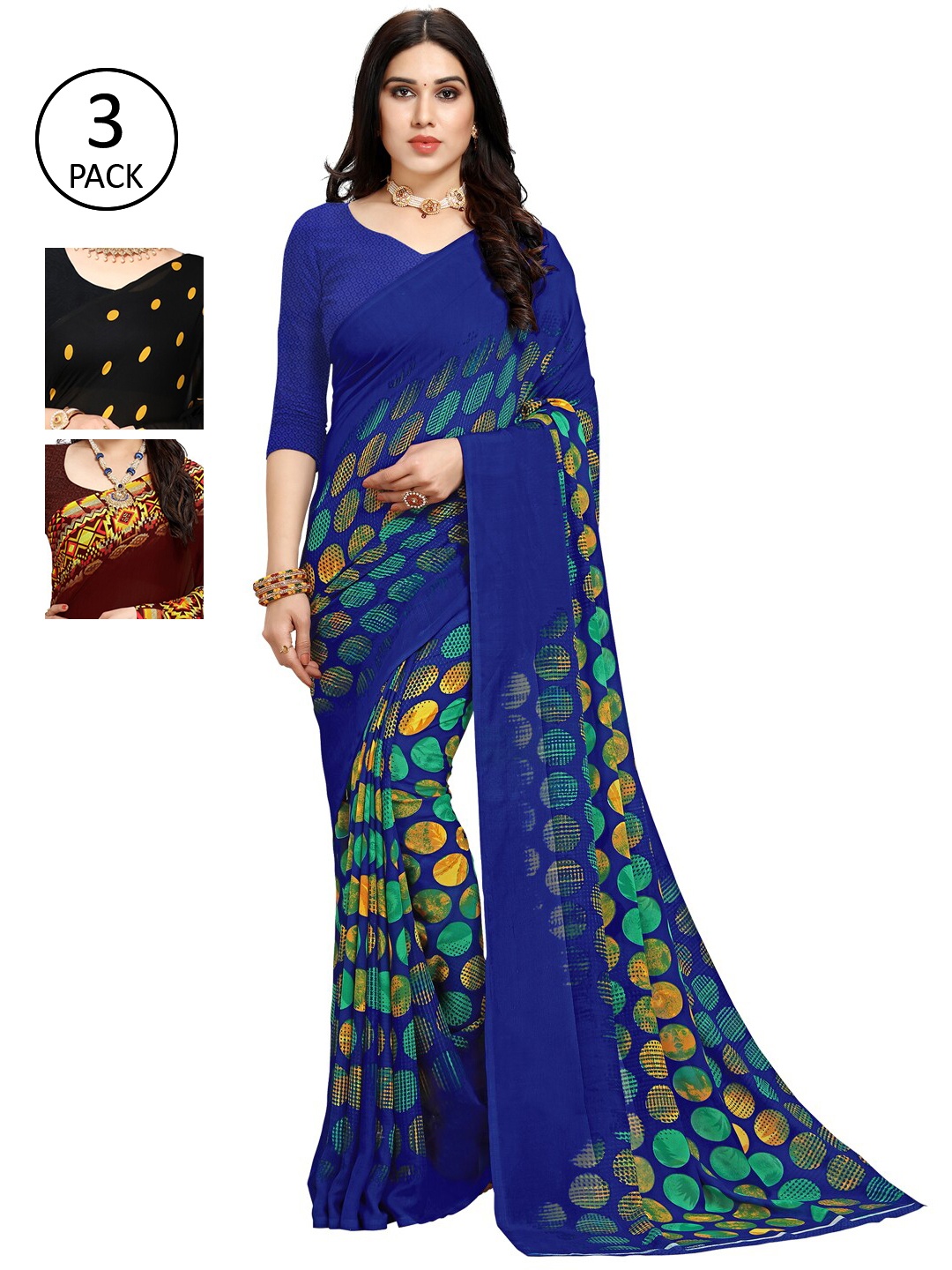 KALINI Pack Of 3 Printed Sarees, Blue