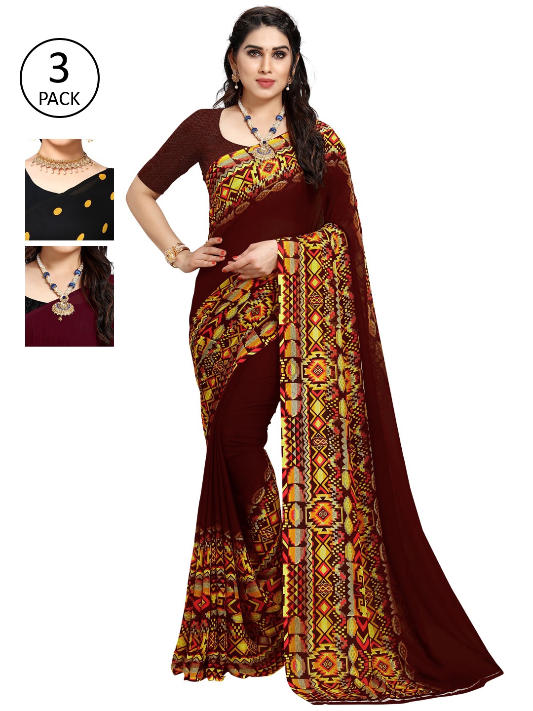 KALINI Multicoloured Set of 3 Poly Georgette Saree, Multi