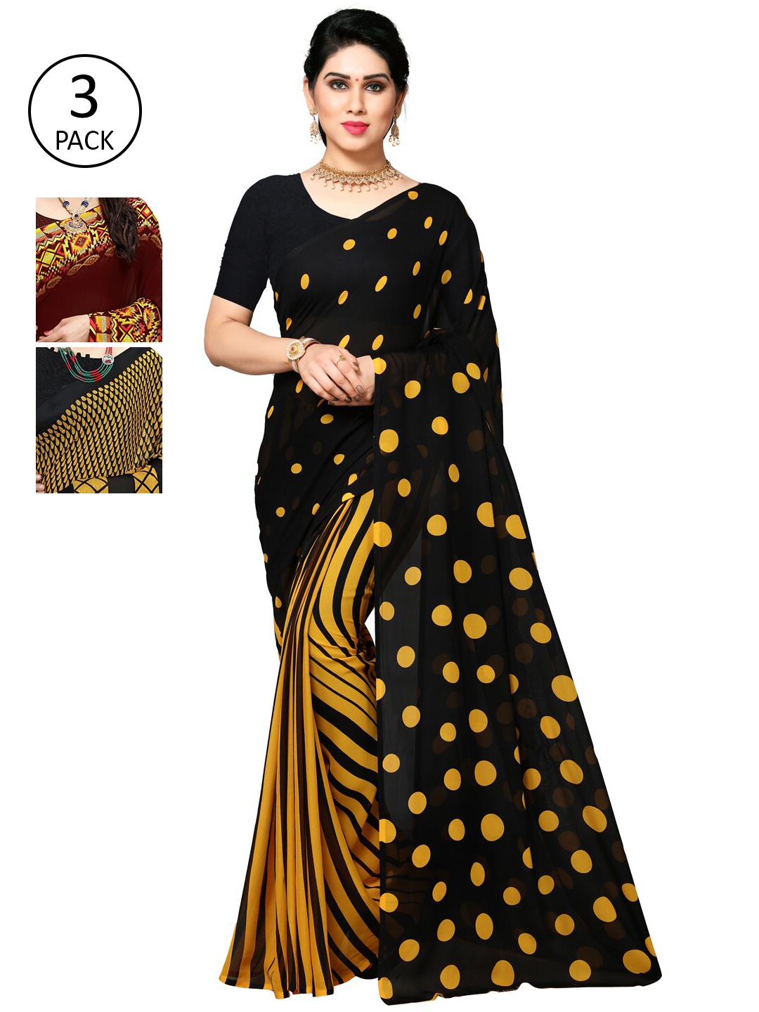 KALINI Pack of 3 Poly Georgette Printed Sarees, Mustard