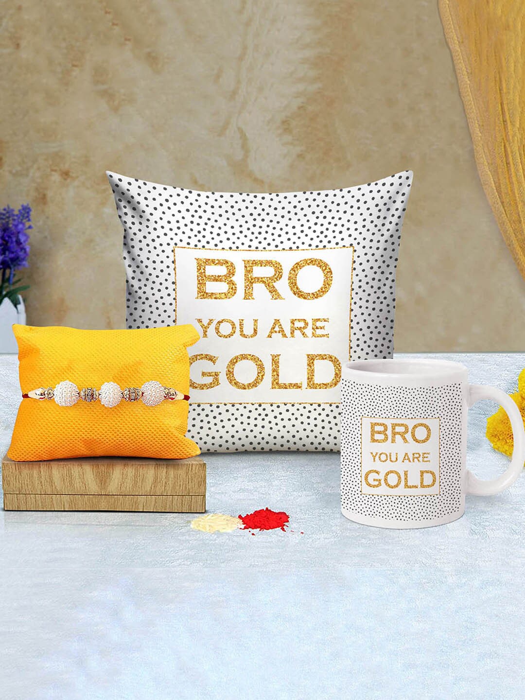 TIED RIBBONS Set Of 3 Rakshabandhan Special Designer Rakhi & Cushion with Filler and Mug, White
TIED RIBBONS Set Of 3 Rakshabandhan Special Designer Rakhi & Cushion with Filler and Mug, White