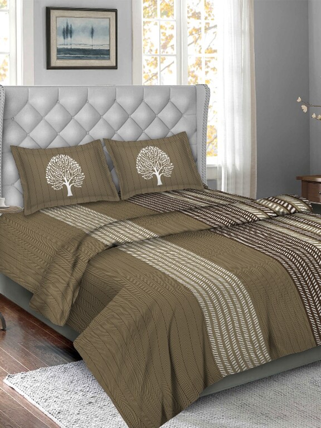 BELLA CASA Set Of 4 Olive Green & Brown Striped Cotton Double King Bedsheet With Pillow Covers & Quilt
BELLA CASA Set Of 4 Olive Green & Brown Striped Cotton Double King Bedsheet With Pillow Covers & Quilt