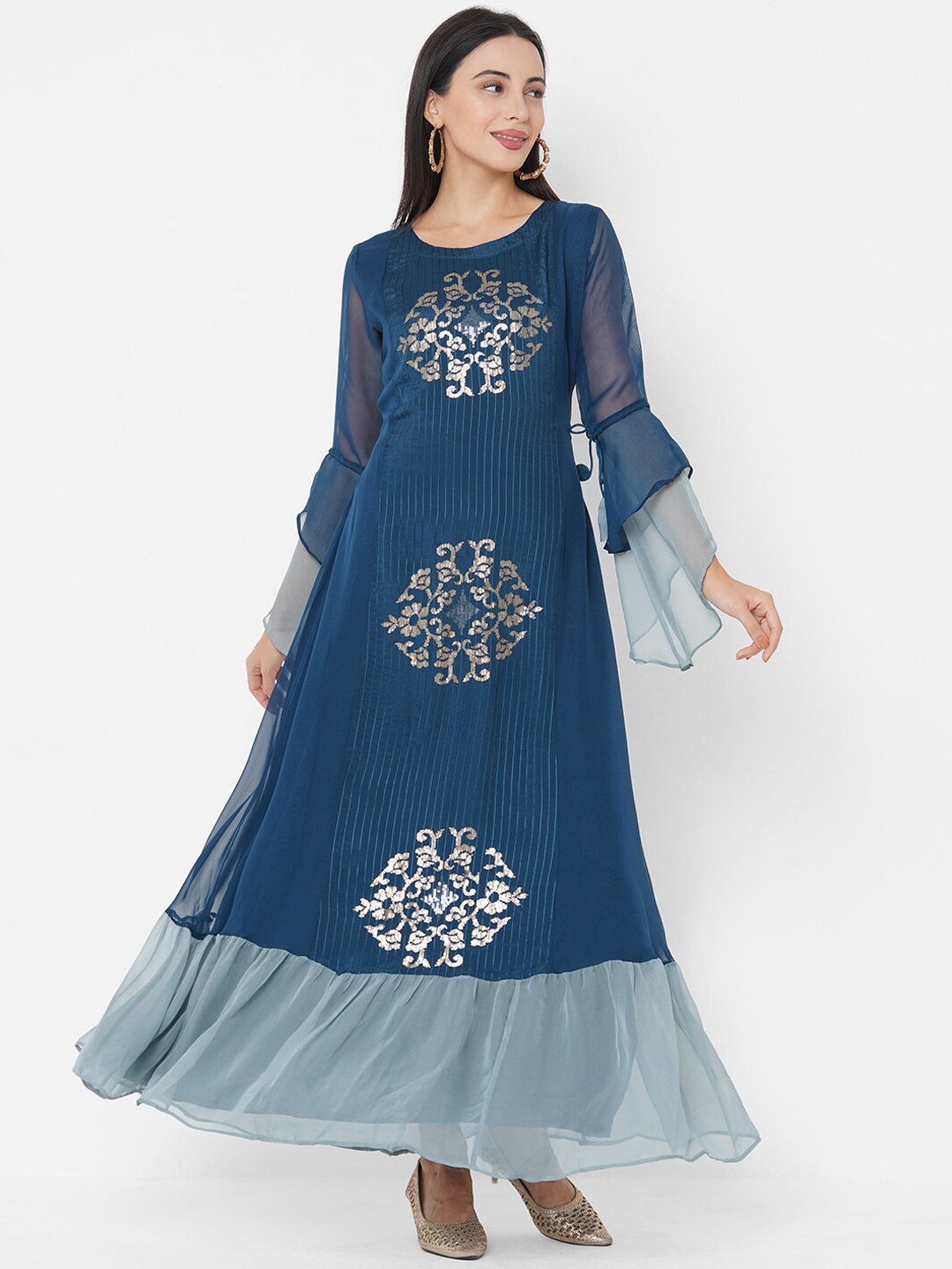 FASHOR Teal Ethnic Motifs Georgette Maxi Dress