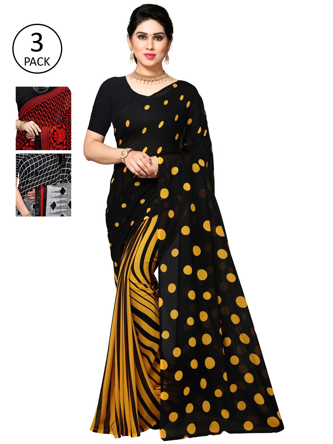 KALINI Pack of 3 Printed Poly Georgette Saree, Multi