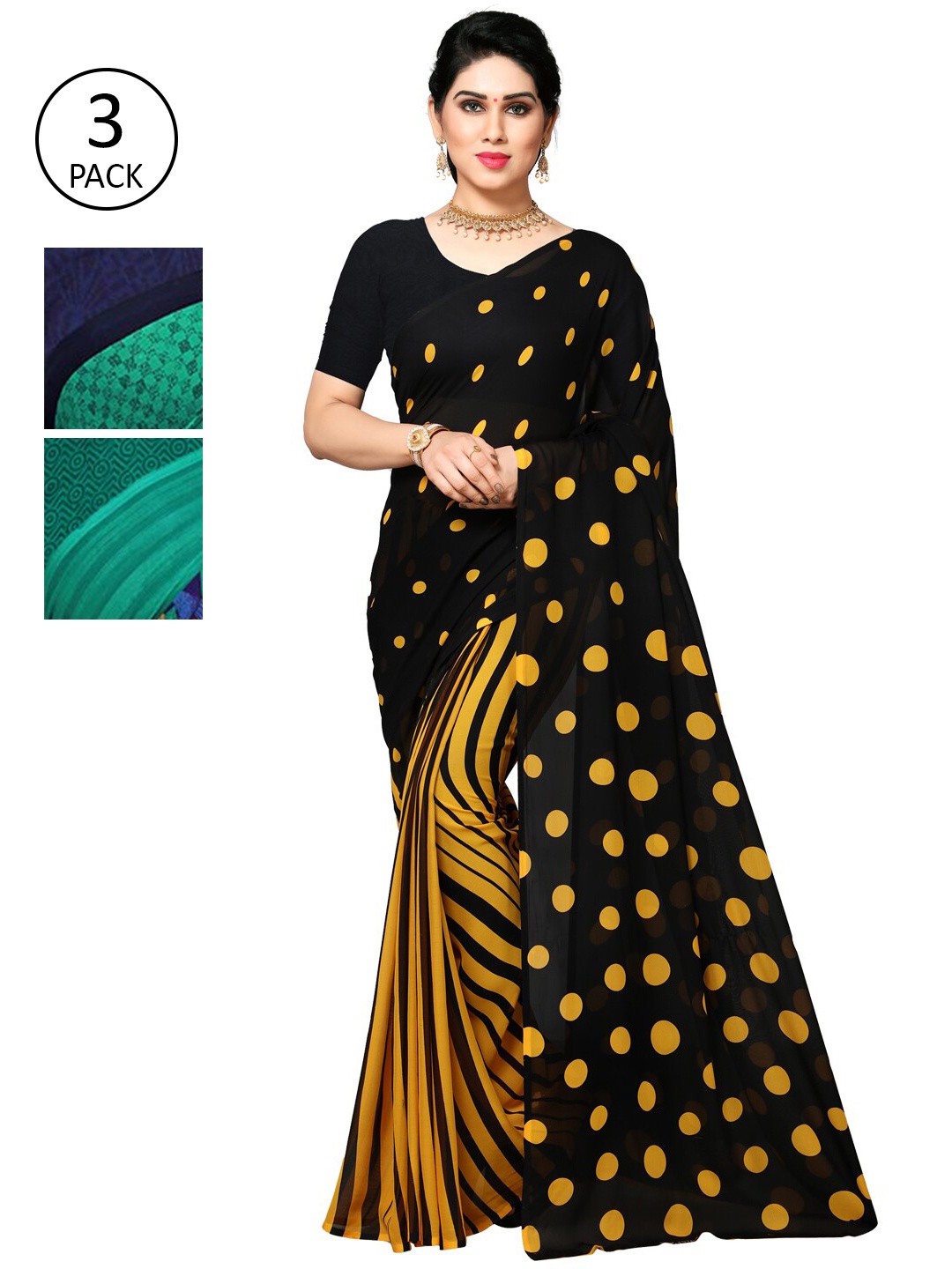 KALINI Pack Of 3 Printed Sarees, Black