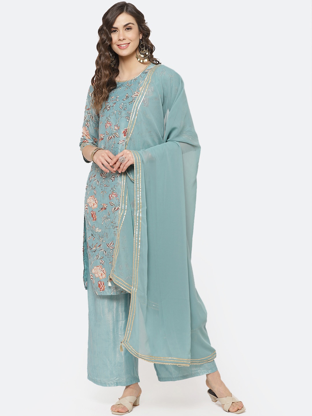 Rangriti Women Green Printed Kurta with Palazzos & Dupatta