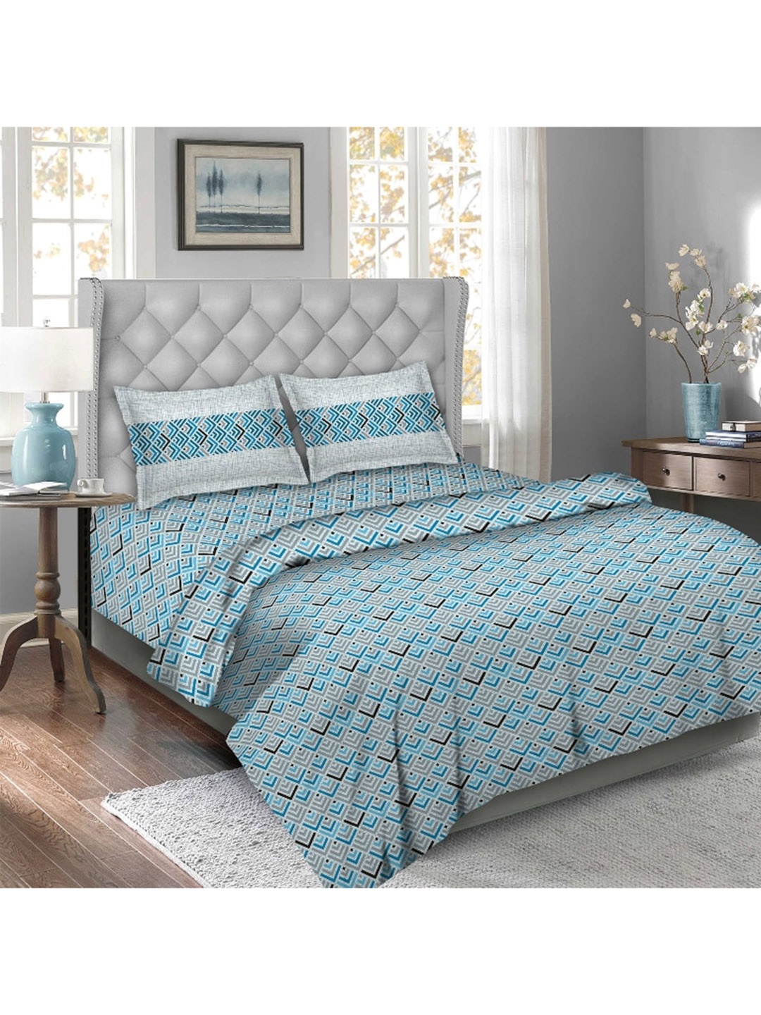 BELLA CASA Blue & White Geometric Printed Cotton Double King Bedding Set
