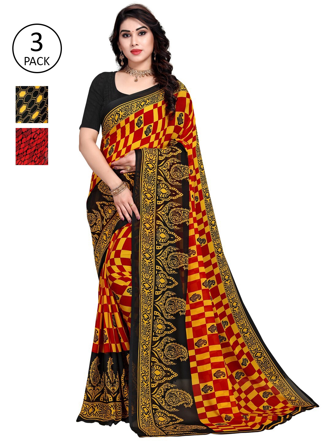 KALINI Pack of 3 Poly Georgette Sarees, Yellow