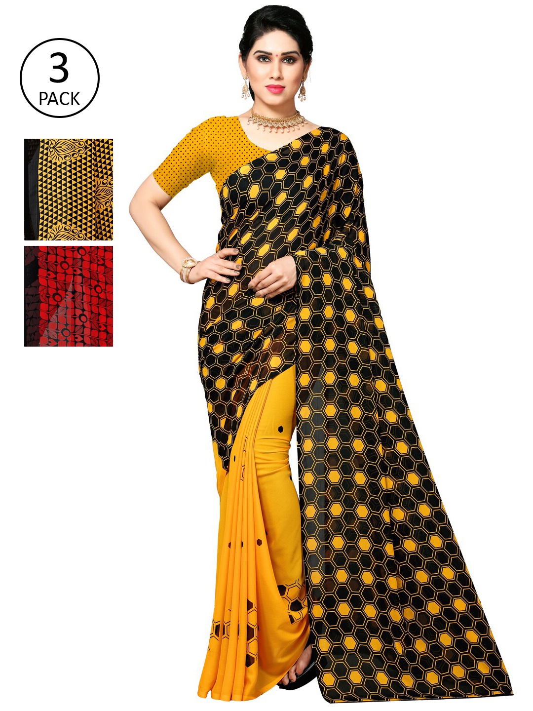 KALINI Pack Of 3 Sarees, Black