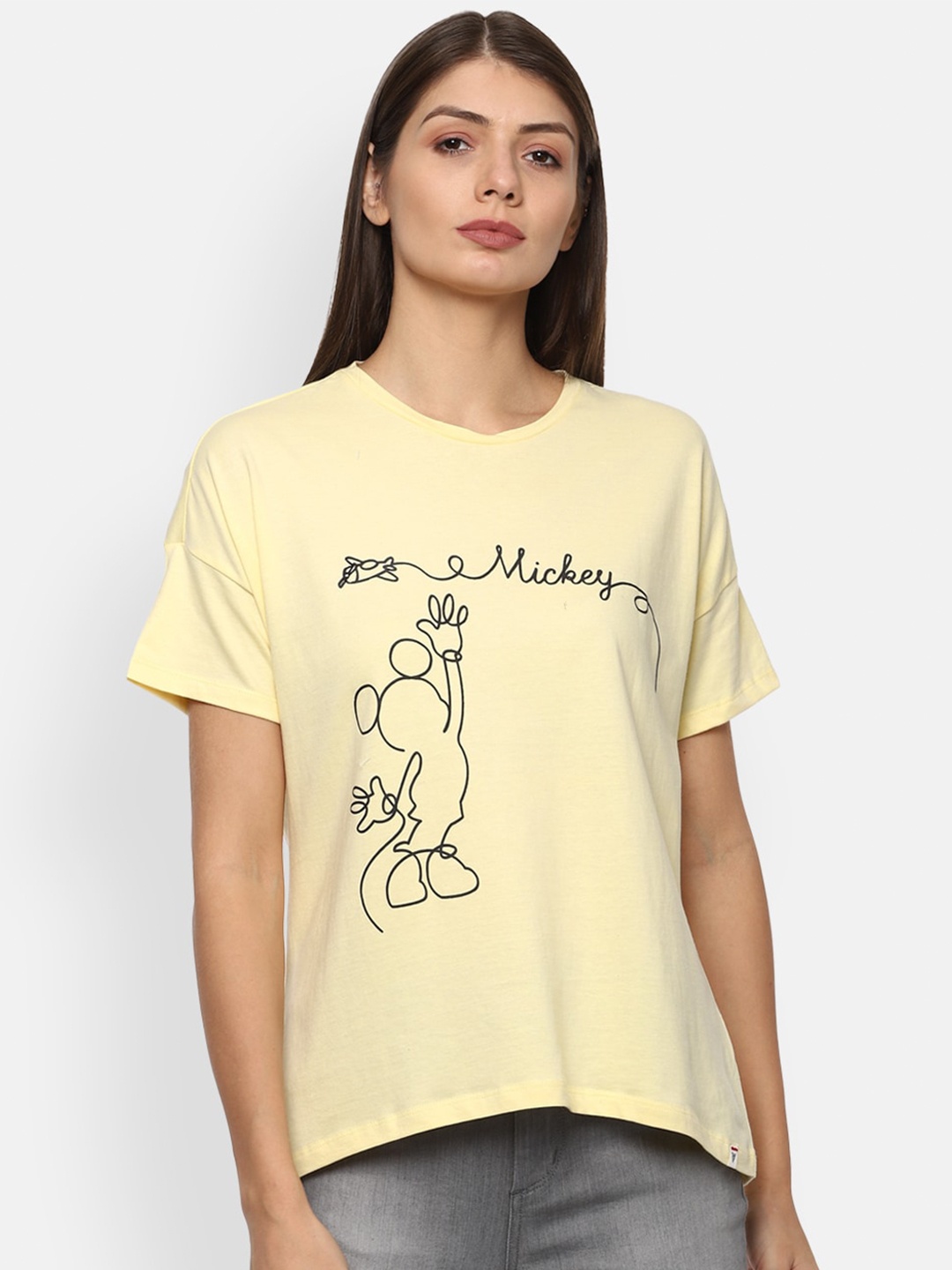 Van Heusen Woman Women Yellow Typography Printed Drop-Shoulder Sleeves T-shirt