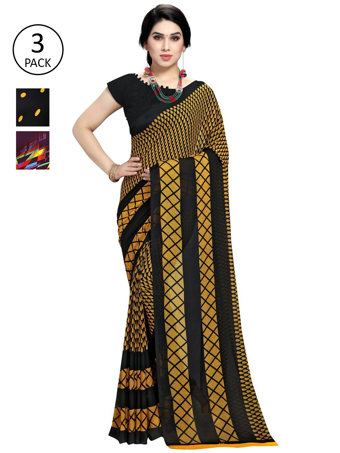 KALINI Pack Of 3 Printed Sarees, Yellow