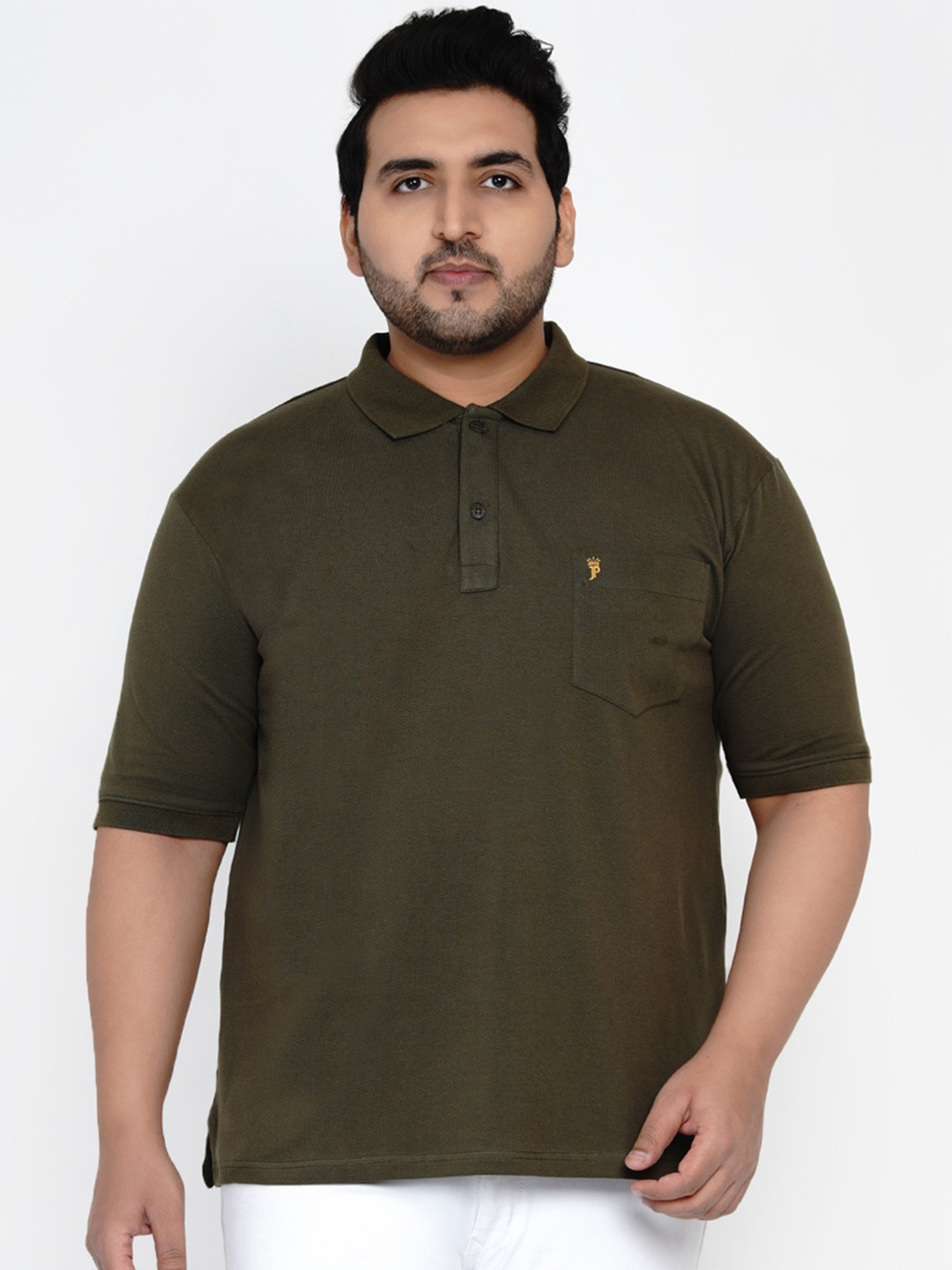 John Pride Plus Size Olive Green Solid Polo Collar T-shirt