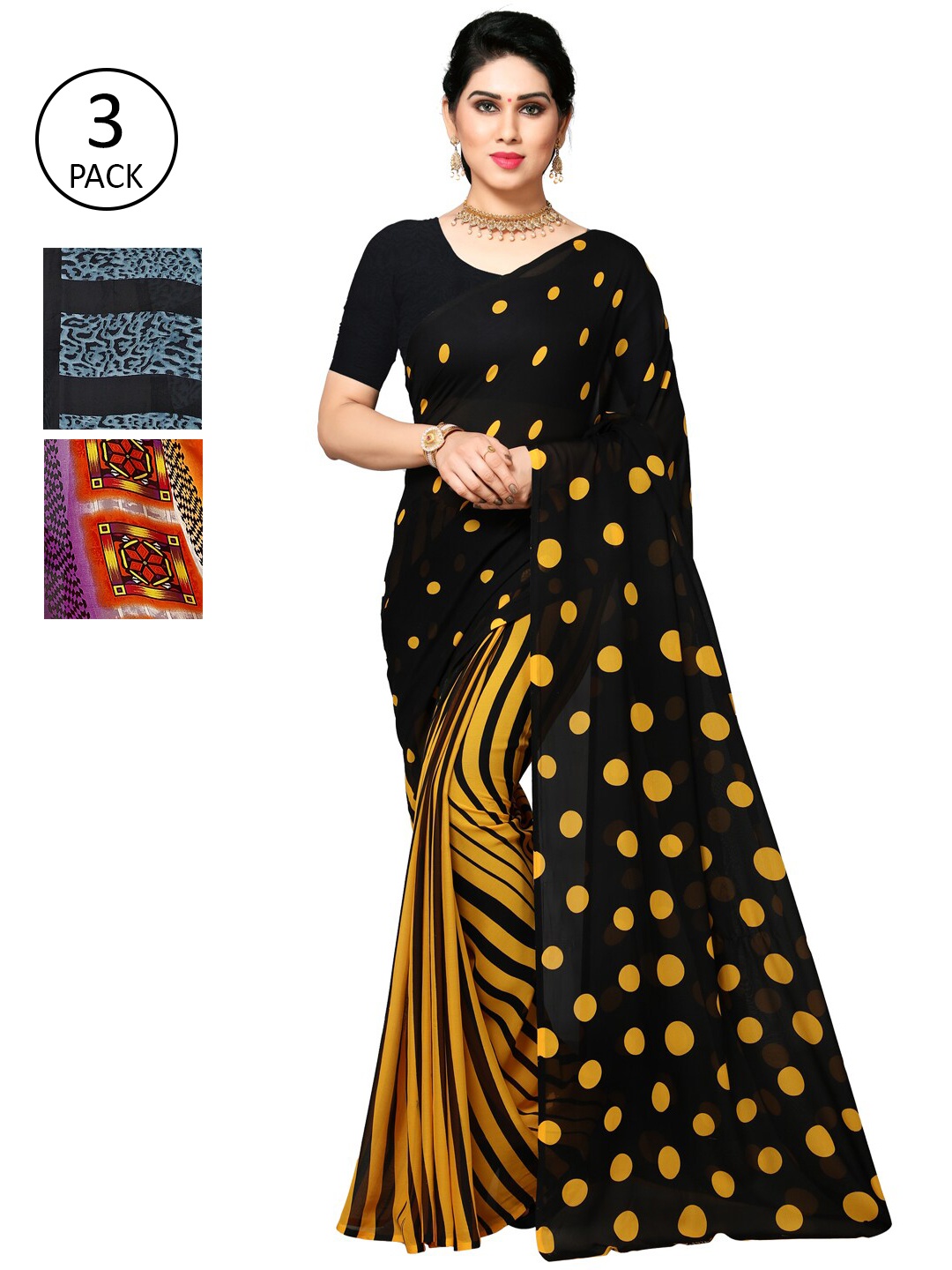 KALINI Pack Of 3 Printed Sarees, Orange