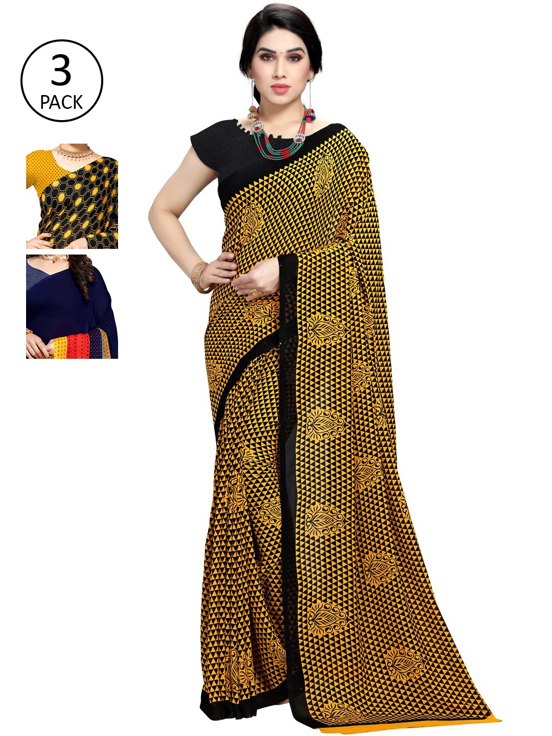 KALINI Pack of 3 Poly Georgette Printed Sarees, Black