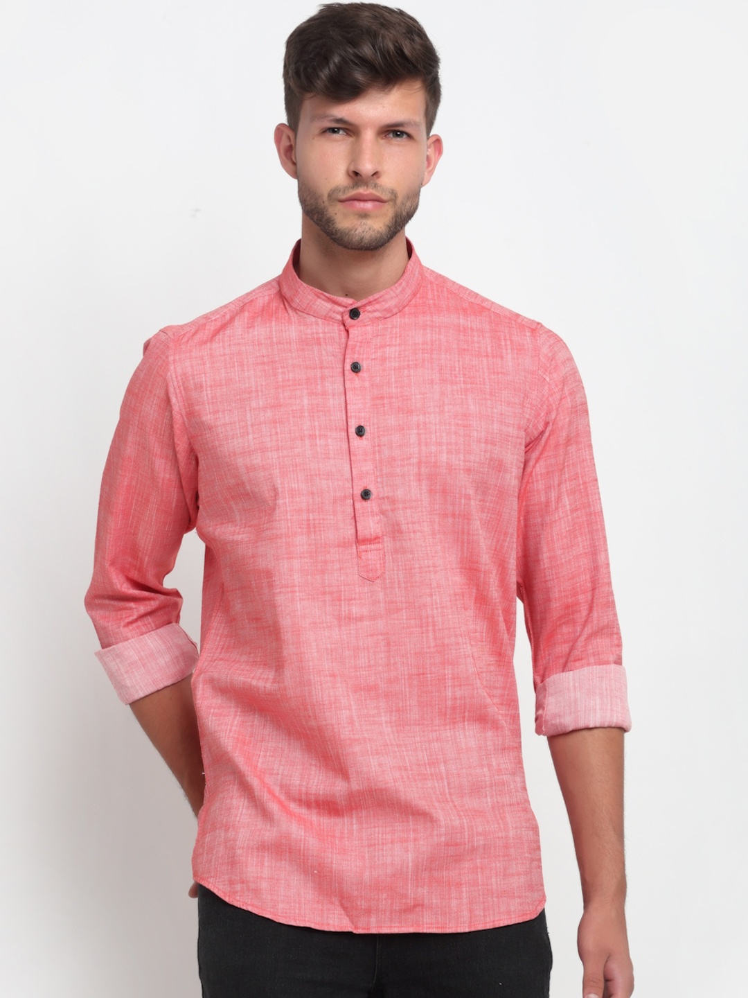 Cross Court Men Red Woven Design Kurta