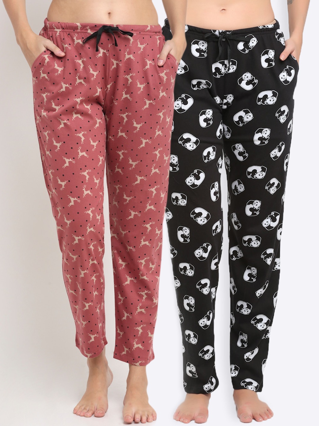 Kanvin Women Pack Of 2 Printed Cotton Lounge Pants, Black