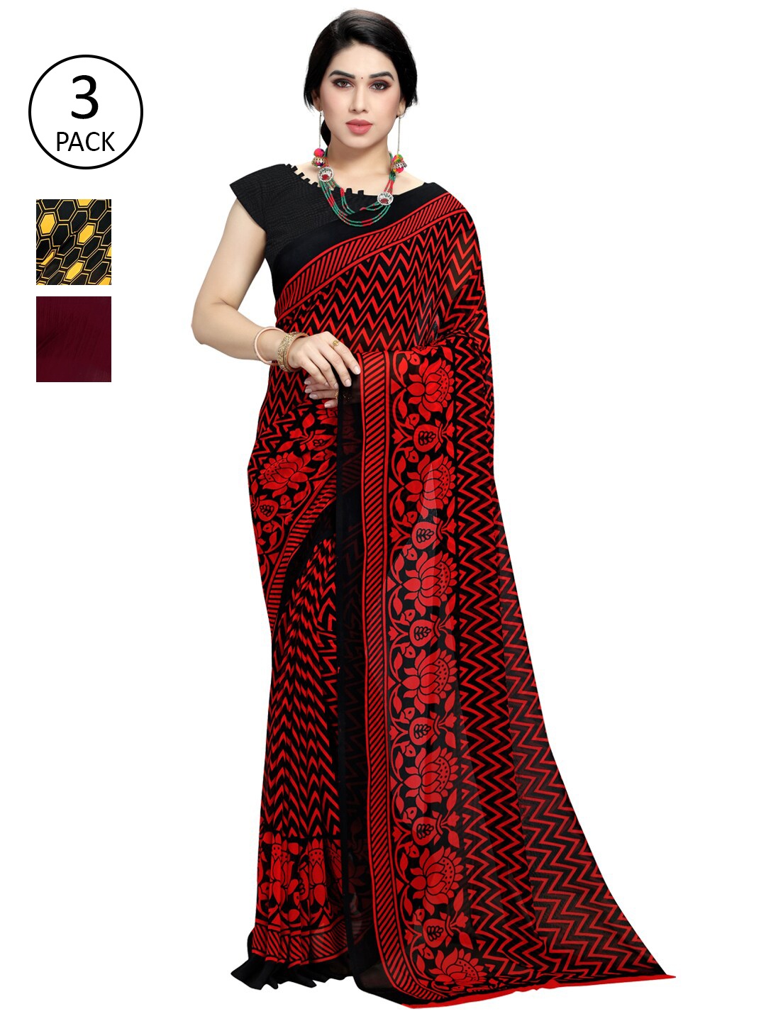 KALINI Pack Of 3 Red & Burgundy Poly Georgette Saree