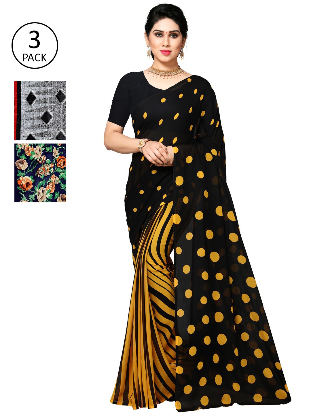 KALINI Pack of 3 Printed Poly Georgette Saree, Multi