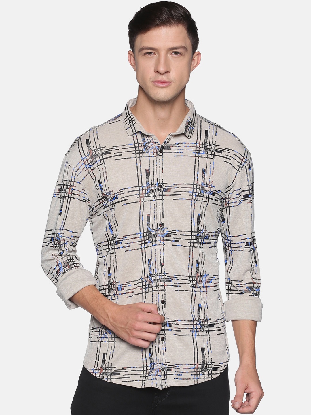 SHOWOFF Men Beige & Black Comfort Slim Fit Printed Cotton Casual Shirt