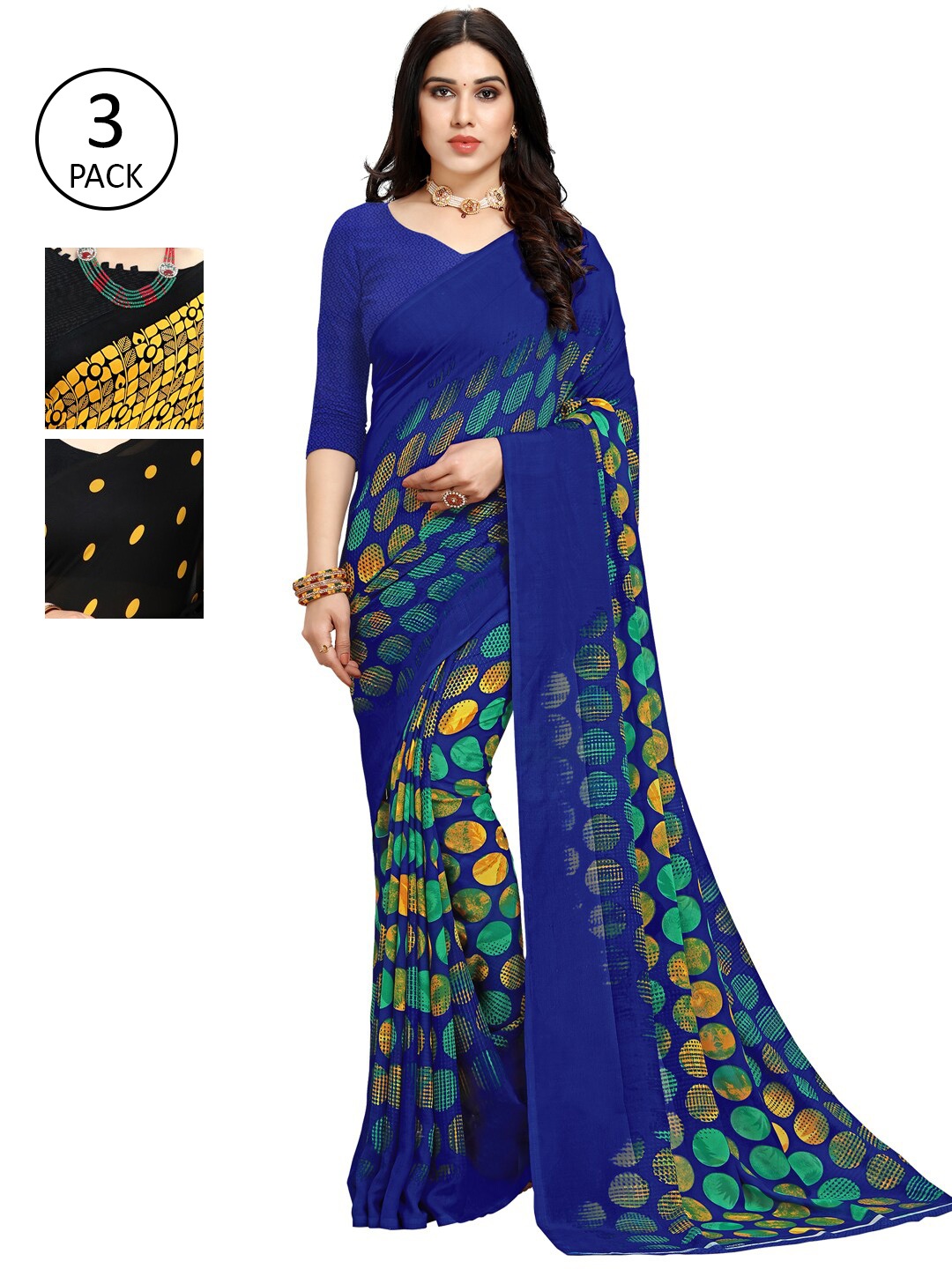 KALINI Multicoloured Set of 3 Poly Georgette Saree, Multi