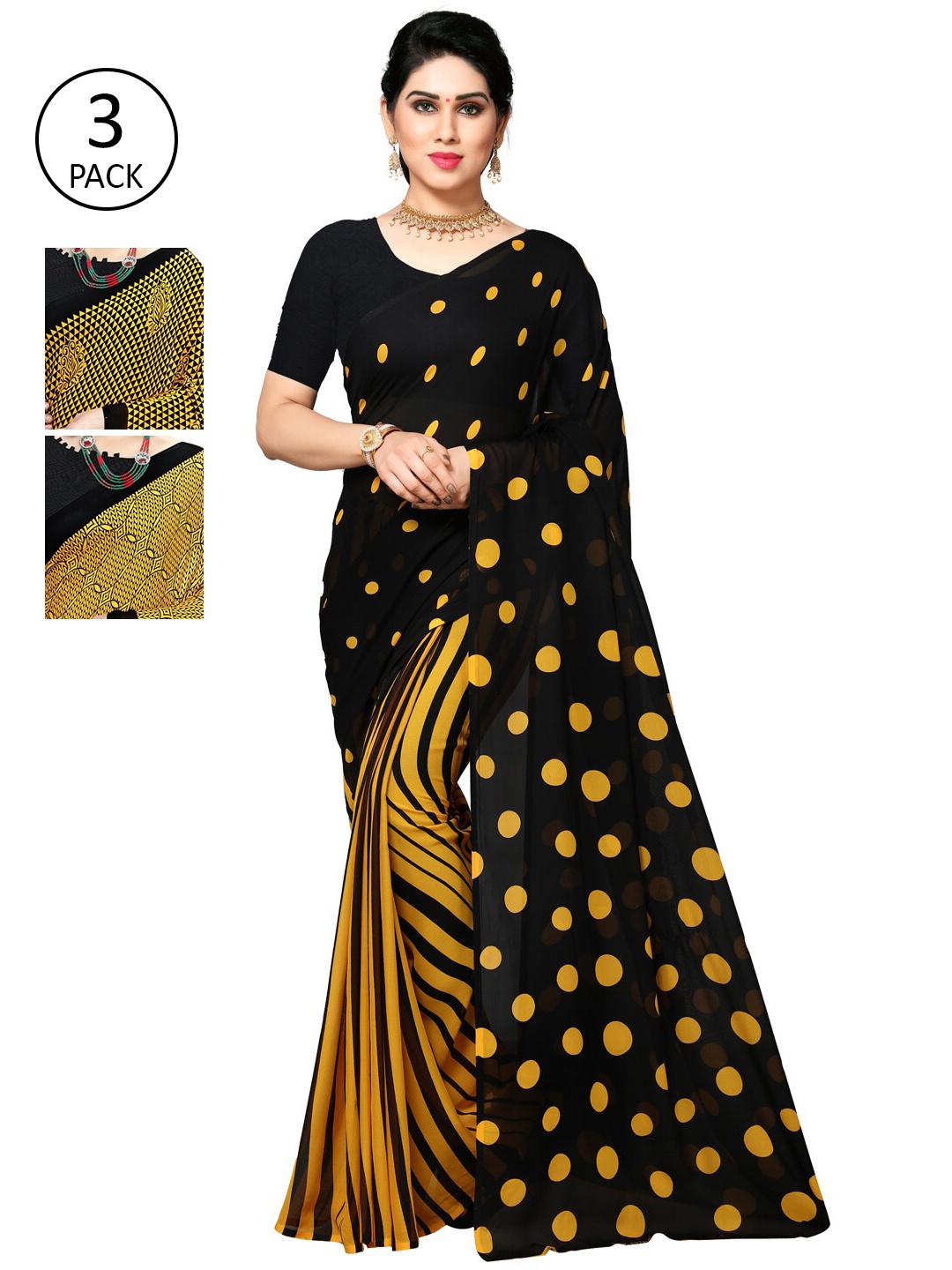 KALINI Yellow & Black Pack of 3 Saree