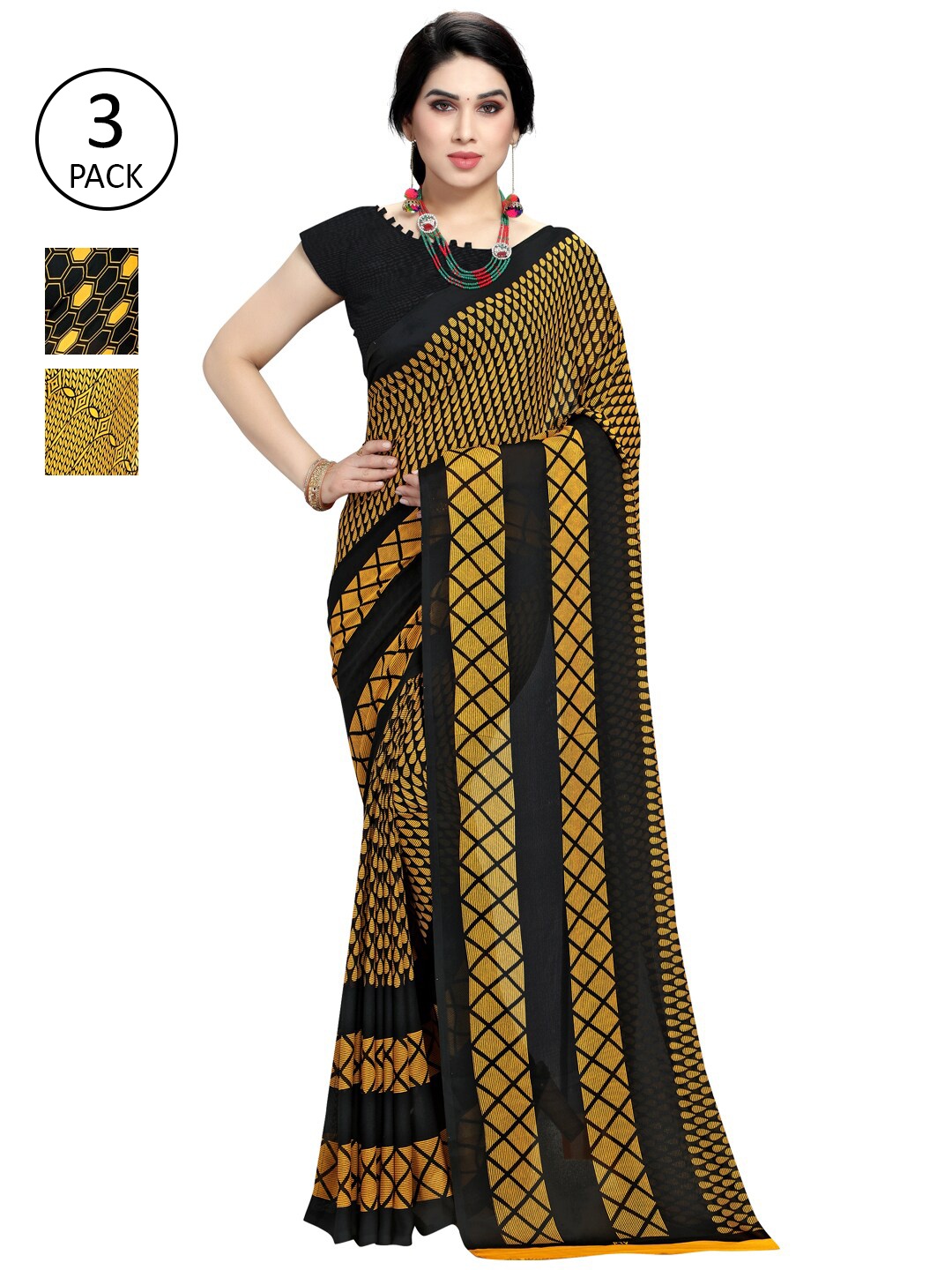 KALINI Pack of 3 Yellow & Black Printed Saree