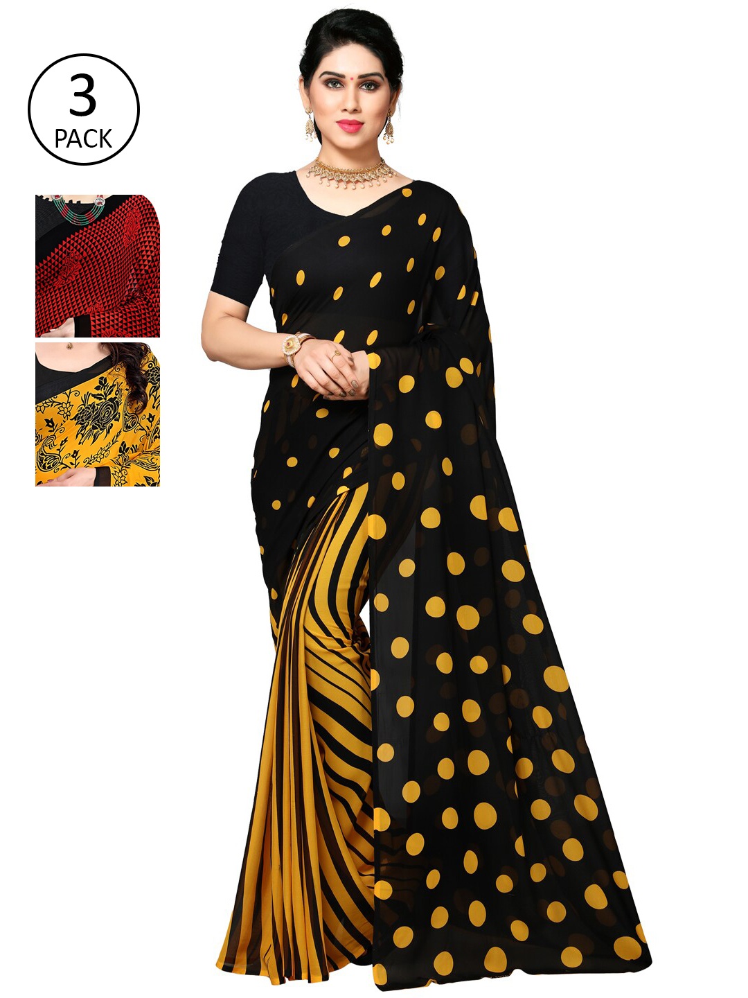 KALINI Multi Pack of 3 Printed Poly Georgette Saree