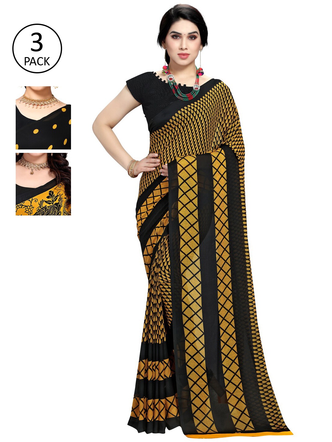 KALINI Pack of 3 Poly Georgette Printed Sarees, Mustard