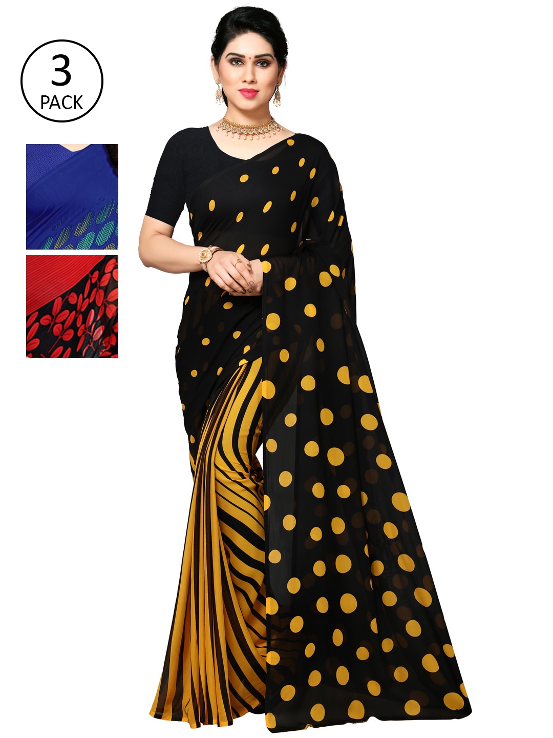 KALINI Yellow & Black Pack of 3 Saree